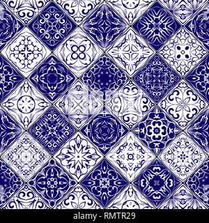 Vektor einrichten von Mosaik blau und weißen rechteckigen Mustern. Klassische Ornamente im orientalischen Stil. Vector Illustration. Stock Vektor