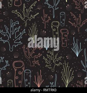 Coral Reef nahtlose Vektor Hintergrund schwarz. Unterwasser Muster mit Helles Neon Korallen, Pflanzen, Algen, Schwamm, Muscheln, Muscheln. Hand marine doodle Hintergrund gezeichnet. Für Gewebe, digitales papier Stock Vektor