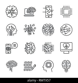 Einfacher Satz von künstlichen Intelligenz Zeile für Symbole enthält solche Ikonen wie Droid, Auge, Chip, Gehirn. Editierbare Schlaganfall. Stock Vektor