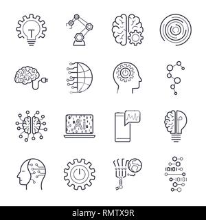 Industrie 4.0, Internet der Dinge (IoT) und Künstliche Intelligenz (KI) Symbole gesetzt. Stock Vektor