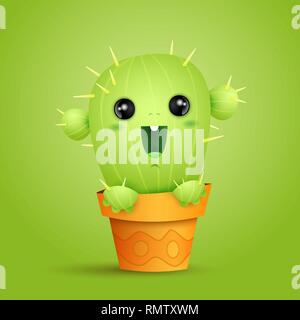 Kleinen Niedlichen cactus Charakter in einem orange Topf auf grünen Farbverlauf Hintergrund glücklich Stock Vektor