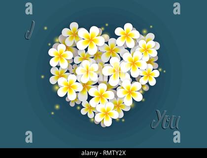 Plumeria Blumen Herz auf Teal Hintergrund mit Beleuchtung Stock Vektor