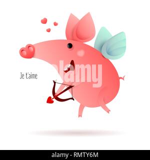 Glückliche kleine niedliche Flying cupid Schwein für ein Valentinstag Karte auf einem weißen Hintergrund mit bw und Pfeil Stock Vektor