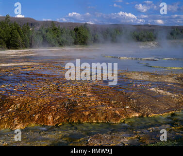 USA, Wyoming, Yellowstone National Park, Dampf steigt von Excelsior Geyser während kochendes Wasser fließt durch Oberflächenabfluss, Midway Geyser Basin. Stockfoto