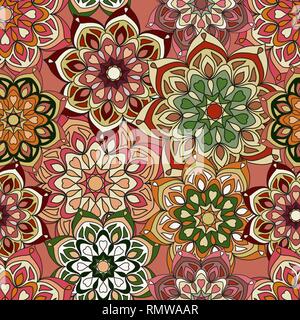 Vektor nahtlose Muster von Mandalas. Bunte Verzierung rund um dekorative Elemente. Für Schal, Teppich, Tapete Vorlage, umhüllen. Stock Vektor