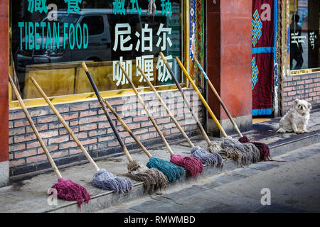 Lhasa, Tibet. Juli 2016 20. Reihe der Werkzeugbereich farbige Mops aufgereiht außerhalb eines tibetischen Restaurant mit einem Hund neben Ihnen. Foto: Bryan Watt Stockfoto