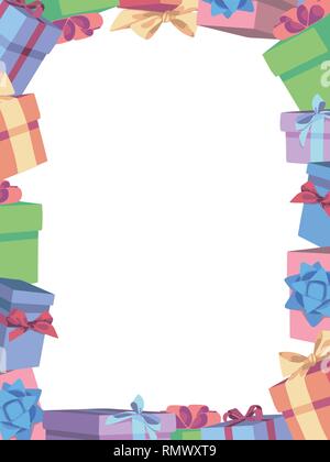 Cute cartoon Vektor Geburtstag Grenze Bilderrahmen von bunten Geschenkboxen mit Bändern aus Stock Vektor