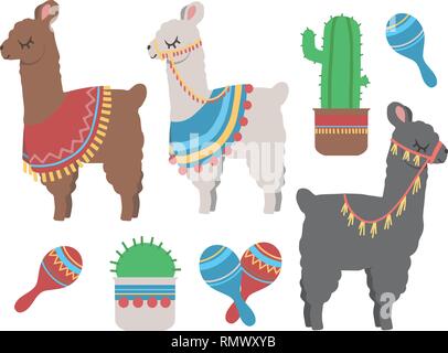 Süße bunte Cartoon llama mit Kakteen und mexikanischen Rumba shaker Grafikdesign Illustration eingestellt Stock Vektor