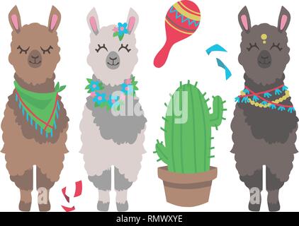 Süße bunte cartoon Lama oder Alpaka mit Kakteen und mexikanischen Rumba shaker Grafik Design vector Abbildung Stock Vektor
