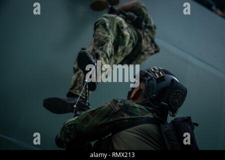 U.S. Navy SEALS mit Seal Team 5 und Royal Thai Navy SEALs Verhalten besuchen, Board, Durchsuchung und Beschlagnahme Ausbildung während der Übung Cobra Gold in Sattahip, Königreich Thailand, Feb 15, 2019. Cobra Gold 19 bietet eine Plattform für die Vereinigten Staaten und Partner Nationen Interoperabilität und Erhöhung der Kapazitäten in der Planung und Abwicklung von komplexen und realistischen multinationale Truppe vorzurücken und kombinierte Task Force. (U.S. Marine Corps Foto: Staff Sgt. Matthew J. Bragg) Stockfoto