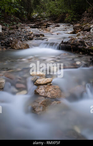 Eine Nahaufnahme von einem Strom in Kanada Cascading, durch Felsen, im Hochformat Aspekt Schuß mit einer langen Verschlusszeit Der milchig sanfte Wirkung zu geben. Stockfoto