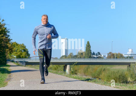 Mann mittleren Alters Joggen entlang der Allee im Park an einem sonnigen Tag Stockfoto