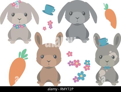 Sammlung von cute Cartoon style Braun und Grau Osterhase mit Karotten und Frühlingsblumen Vektor-zeichnung Abbildungen Stock Vektor