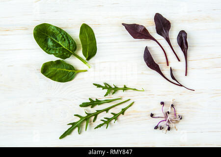Frühling detox Salat Mix mit Rucola, Rote Beete, Spinat und Rosenkohl auf hellen Holz- Platine mit weißem Hintergrund, Ansicht von oben. Stockfoto