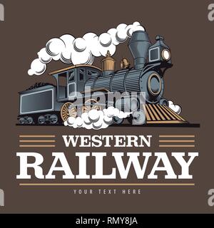 Vintage Dampflok Lokomotive, Gravur stil Vector Illustration. Auf braunem Hintergrund. Logo Design vorlage. Stock Vektor