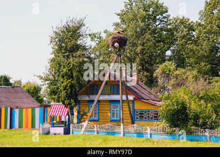 Störche sitzen in einem Nest auf einer Laterne in der Nähe von einem bunten Haus mit einem gut. Belarus, polesien. Stockfoto