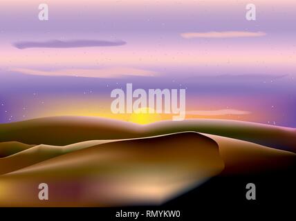 Vektor Landschaft braune Hügel, violett Himmel und Sonne Stock Vektor