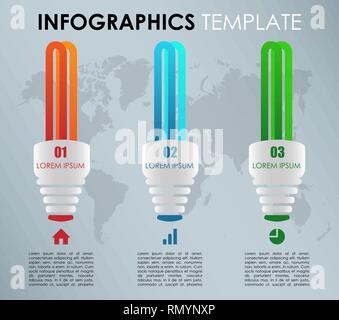 Modernes, farbenfrohes Infografiken Optionen Vorlage Vektor mit Energiesparlampen und Weltkarte. Stock Vektor