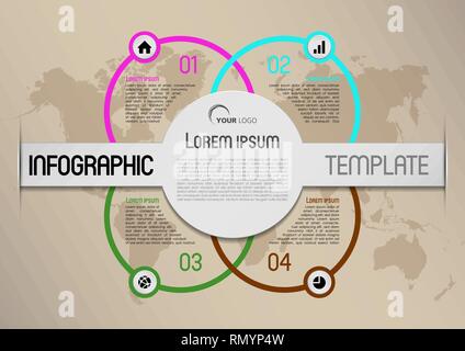 Moderne Infografiken Optionen template Vector mit bunten Kreis und Weltkarte in brauner Farbe Stock Vektor