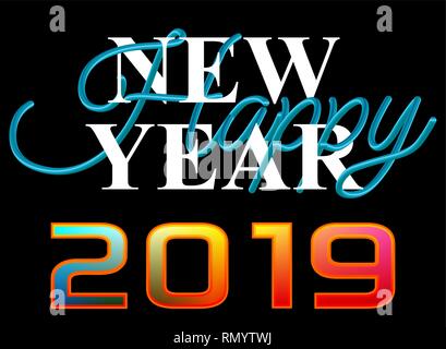 Bunte Frohes neues Jahr 2019, 3D-Text vector Template in blauer Farbe Stock Vektor