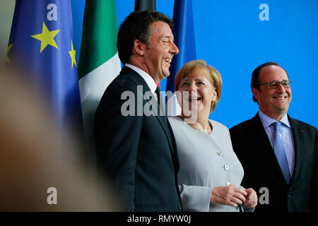 BKin Angela Merkel, Matteo Renzi, Francois Hollande - Treffen der dt. Bundeskanzlerin Mit Dem Italienischen Ministerpraesidenten Und Dem franzoesisch Stockfoto