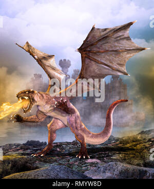 Fantasy Szene Drachen die Burg, 3d-render Malerei Stockfoto