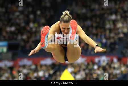 Großbritanniens Niamh Emerson während der Frauen Weitsprung während der Muller Indoor Grand Prix im Arena Birmingham. Stockfoto