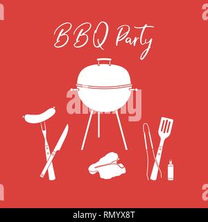 Vector Illustration mit Grill und Barbecue. Grillparty Hintergrund. Design für Party Karte, Banner, Poster oder Drucken. Stock Vektor
