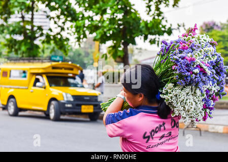 Frau Transport von Blumen, Chiang Mai, Thailand Stockfoto