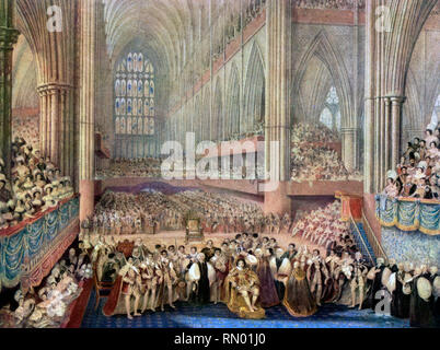 Die Krönung von König George IV. In Westminster Abbey, London, 19.. Juli 1821. Von Frederick Christian Lewis (1779-1856). Georg IV. (1762-1830), König des Vereinigten Königreichs von Großbritannien und Irland und König von Hannover vom 29.. Januar 1820 bis zu seinem Tod zehn Jahre später. Er war bereits seit dem 5.. Februar 1811, während der letzten psychischen Erkrankung von König Georg III., als Prinzregent tätig. Stockfoto