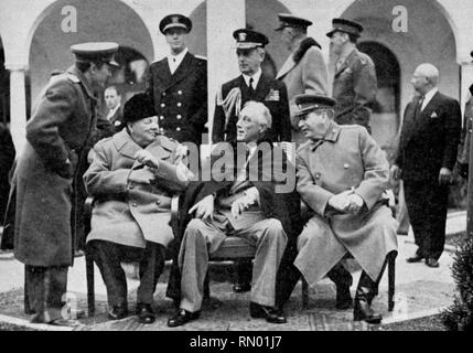 Die drei-Macht-Konferenz in Casca, 1943. Die Jalta-Konferenz (auch bekannt als Krim-Konferenz & Argonaut-Konferenz) fand vom 4.. Bis 11.. Februar 1945 statt. Es war ein Treffen des Zweiten Weltkriegs zwischen Präsident Franklin D. Roosevelt, Premierminister Winston Churchill und Premierminister Joseph Stalin. Die Konferenz kam in der Nähe von Jalta, Krim, Sowjetunion zusammen. Stockfoto