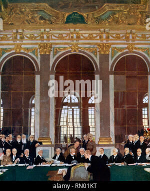 Die Unterzeichnung des Friedens im Spiegelsaal, Versailles, 28.. Juni 1919. Von William Orpen (1878-1931). Der Vertrag von Versailles (Traité de Versailles) war der wichtigste Friedensvertrag, der den Ersten Weltkrieg zu Ende brachte Stockfoto