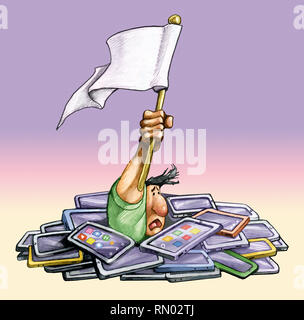 Der Mensch von Smartphone gequetscht wird, winken weisse Flagge humor Cartoon Stockfoto