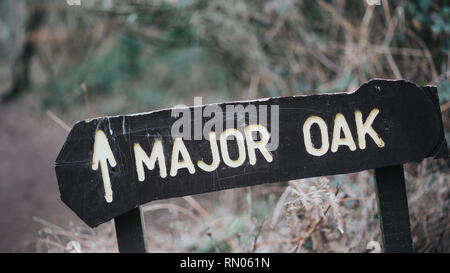 Große Eiche Holz Richtungsschild in Sherwood Forest Stockfoto