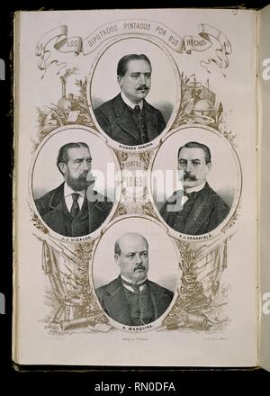 DIPUTADOS PINTADOS HECHOS POR SUS'RICARDO CHACON - HIDALGO - CARRATALA - MARQUINA' - CORTES DE CONSTITUYENTES 1869. Autor: LLANTA B. Lage: CONGRESO DE LOS DIPUTADOS - ARCHIVO. MADRID. Spanien. Stockfoto