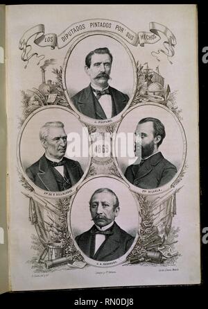 DIPUTADOS PINTADOS PREFUMO HECHOS POR SUS' - VILLALOBOS - SILVELA - GUERRERO "CORTES DE CONSTITUYENTES 1869. Autor: LLANTA B. Lage: CONGRESO DE LOS DIPUTADOS - ARCHIVO. MADRID. Spanien. Stockfoto