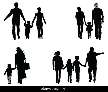 Schwarze Silhouetten der Familien zu Fuß auf einem weißen Hintergrund Stockfoto