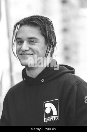 Sänger Mike Patton der Rock Band Faith No More ist während einer Pressekonferenz auf dem Rock In Rio II. Stockfoto