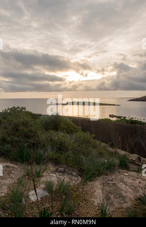 Cala de Sa Sal Rossa in Ibiza bei Sonnenaufgang, Spanien Stockfoto