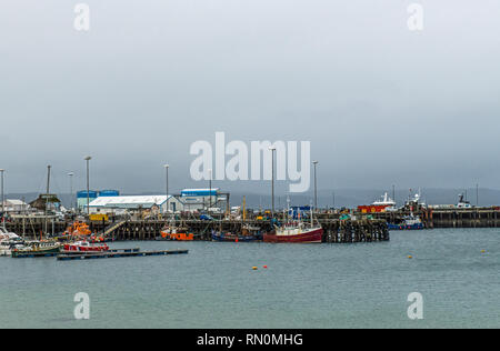 Mallaig Hafen an der Nordwestküste von Schottland an einem bewölkten Tag im Winter. Stockfoto