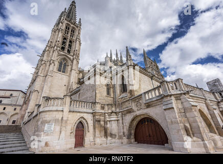 Straße Blick auf die Kathedrale der Heiligen Maria von Burgos, von der Plaza del Rey San Fernando entfernt. UNESCO-Weltkulturerbe. Kastilien und Leon, Spanien Stockfoto