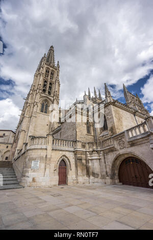 Straße Blick auf die Kathedrale der Heiligen Maria von Burgos, von der Plaza del Rey San Fernando entfernt. UNESCO-Weltkulturerbe. Kastilien und Leon, Spanien Stockfoto