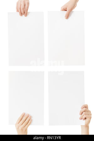Hände halten leeres Papier isoliert Stockfoto