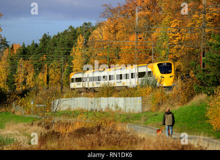 Arlanda Express Pkw Bahn transfers Reisende aus Stockholm Central Terminal zum Flughafen Arlanda. Herbst Saison. Upplands Vasby, Schweden. Stockfoto