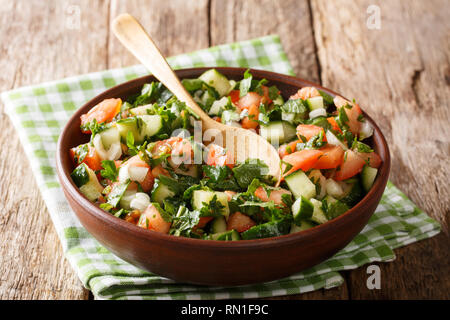 Nahaufnahme von frisch zubereiteten hausgemachten shirazi Salat aus Gurken, Tomaten, Zwiebeln und Kräuter in eine Schüssel auf dem Tisch. Horizontale Stockfoto