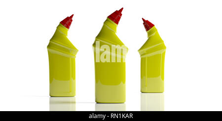 Reinigungsmittel. Wc, flüssiges Reinigungsmittel in Gelb no name Plastikflaschen, auf weißem Hintergrund. 3D-Darstellung Stockfoto