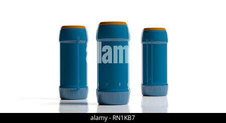 Reinigungsmittel. Pulverreiniger in Blau Nr. Name Plastikflaschen, auf weißem Hintergrund. 3D-Darstellung Stockfoto