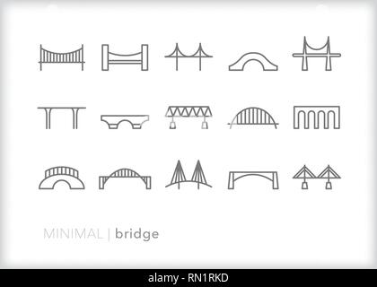 Satz von 15 grau Bridge line Icons, die über verschiedene Arten von Verkehr die Straße oder von einem Ort zum anderen reisen zu überqueren Stock Vektor