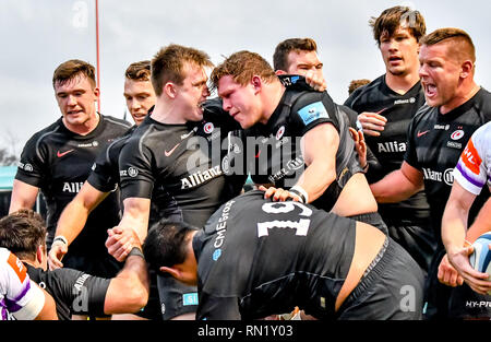 London, Großbritannien. 16. Februar 2019. Feiern Sarazenen Sarazenen Tom Woolstencroft versuchen Sie, während der Aviva Premiership Übereinstimmung zwischen Sarazenen und Leicester Tigers in der Allianz Park, London, England am 16. Februar 2019. Foto von Phil Hutchinson. Nur die redaktionelle Nutzung, eine Lizenz für die gewerbliche Nutzung erforderlich. Keine Verwendung in Wetten, Spiele oder einer einzelnen Verein/Liga/player Publikationen. Credit: UK Sport Pics Ltd/Alamy leben Nachrichten Stockfoto