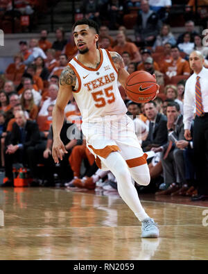 USA. 16. Februar 2019. Halbzeit. 16 Feb, 2019. Elia Mitrou-Long #55 der Texas Longhorns in Aktion die Oklahoma State Cowboys am Frank Erwin Center in Austin Texas vs. Texas führt 38-27 an der Hälfte. Robert Backman/Cal Sport Media. Credit: Csm/Alamy leben Nachrichten Stockfoto